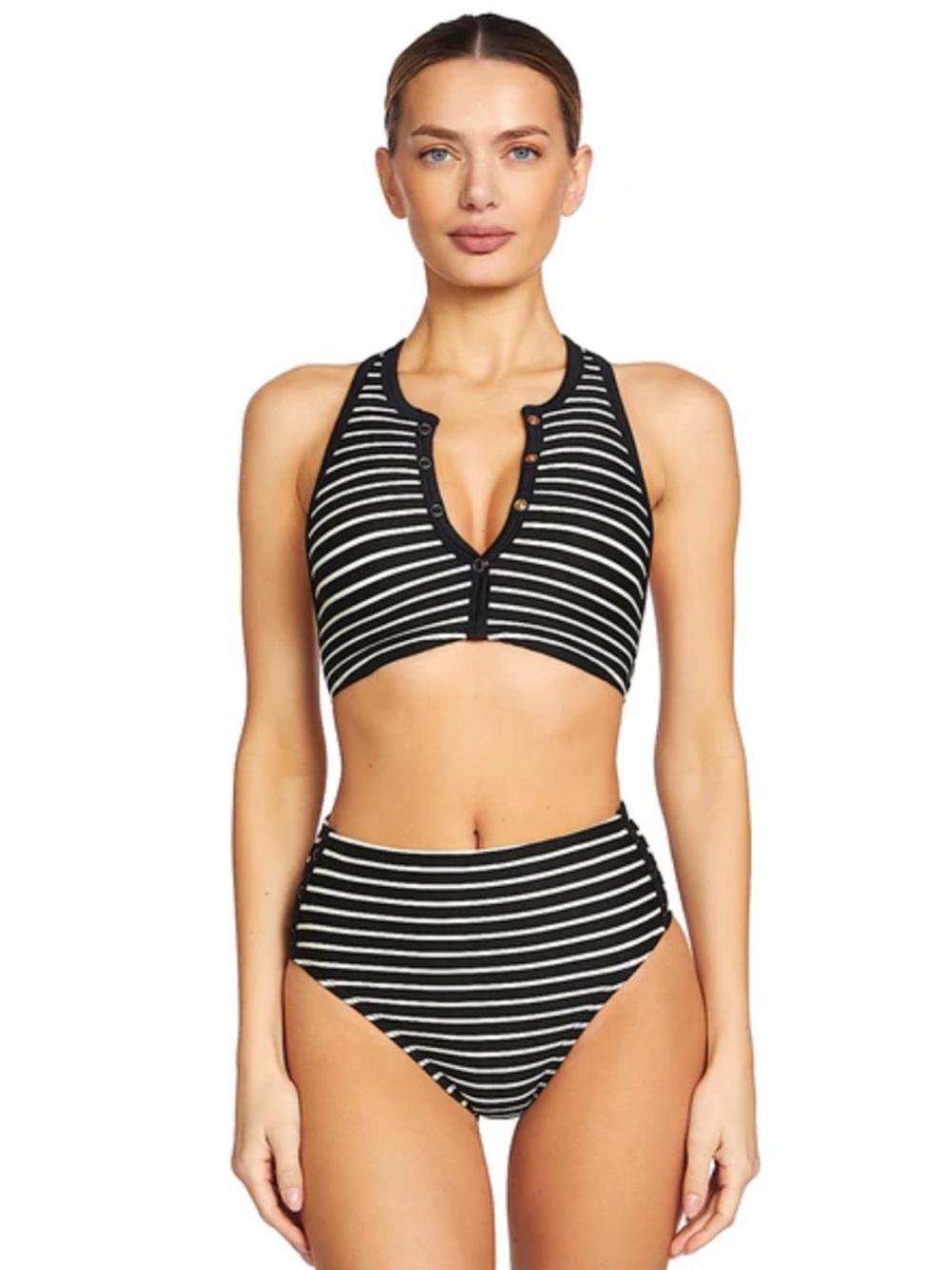Robin Piccone Black and White Striped High-Neck Bikini Top Medium Bottoms Small